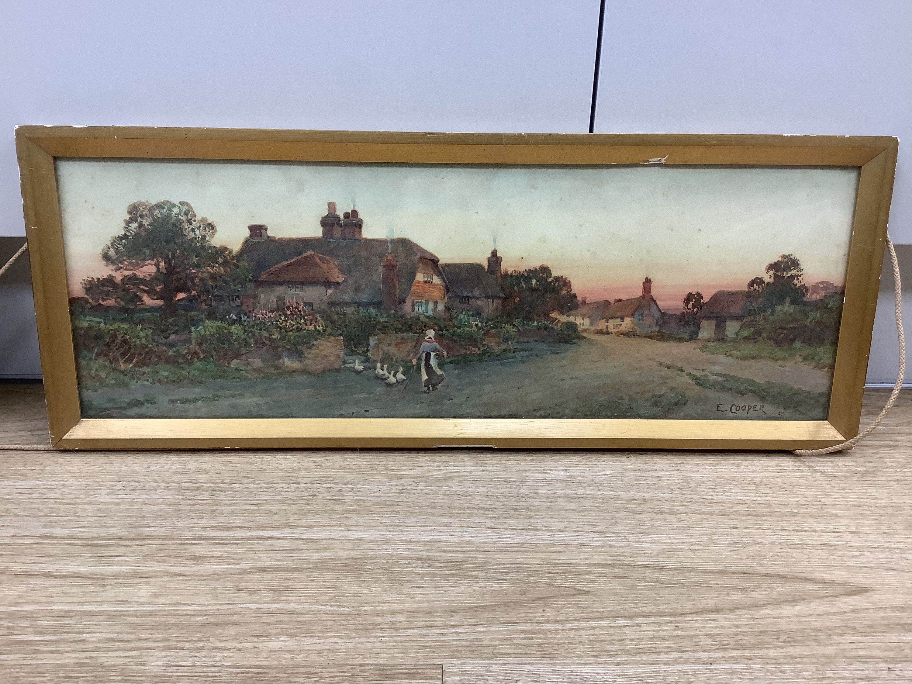 E.Cooper, pair of watercolours, Figures on lanes at sunset, signed and dated '07, 19 x 55cm